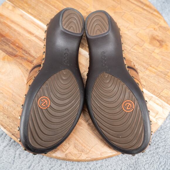 Ecco Leather Studded Slip On Size 7 EU 38 Mules Clogs Chunky Strap Boho Brown - Picture 7 of 7